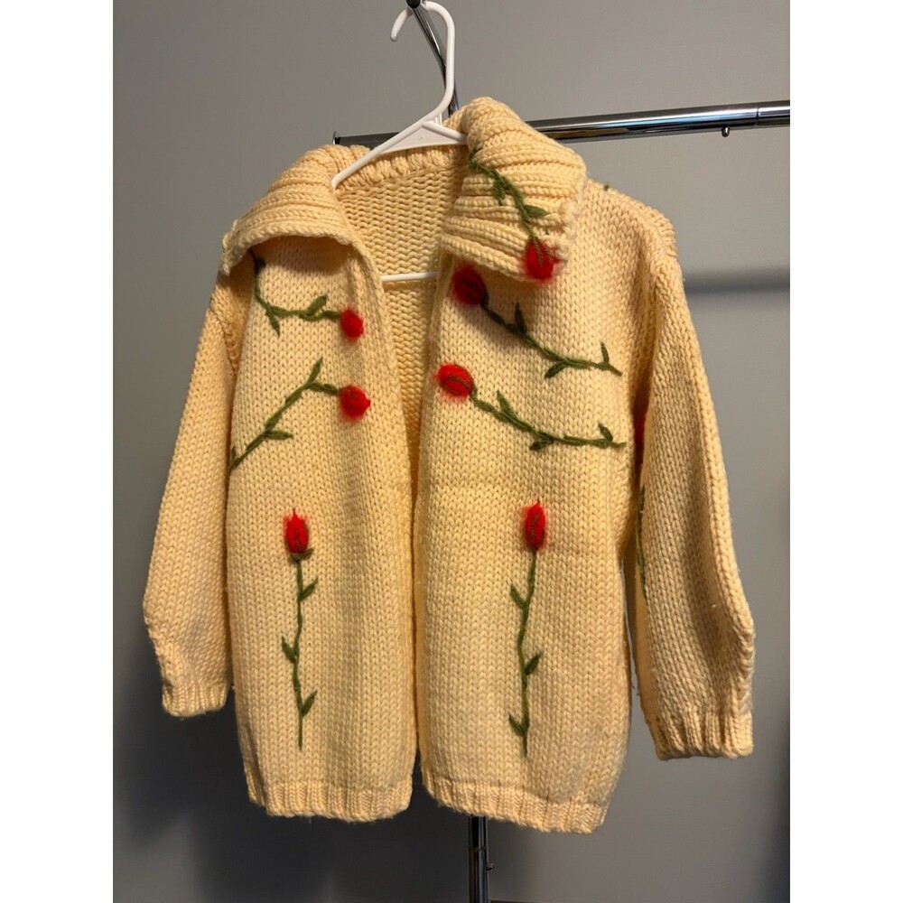 Cream Chunky Knit Cardigan Red Rose Floral Embroidered Shawl Collar Cottagecore - Picture 2 of 6